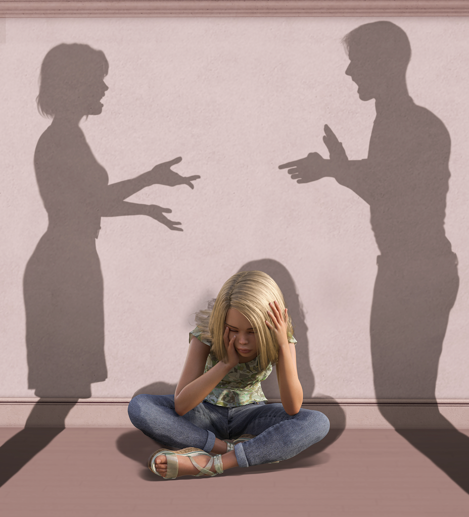De ouders in strijd hangen als een schaduw over het kind heen. Het kind zit tussen de ouders in.