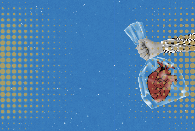 hart in een zak met een hand die het vasthoudt en het overdraagt aan een ander; geven