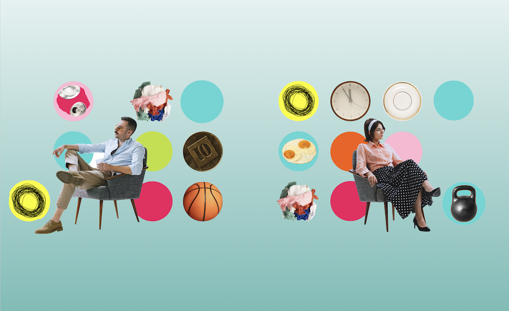 Vrouw en man keren elkaar de rug toe, zitten op een stoel en kijken verdwaasd voor zich uit omgeven door spullen